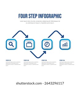 Minimal Arrow Four Step Infographic Template, Simple four step process infographic with arrows and icons in blue tone for presentation