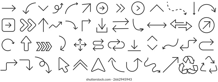Conjunto de iconos de flecha mínima. Vectores direccionales, curvos y circulares