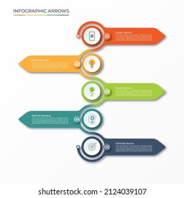 Plantilla infográfica de flecha mínima con 5 flechas y círculos con un lugar para texto e iconos. Se puede usar para diagrama, gráfico, gráfico, informe, diseño web. Ilustración del vector