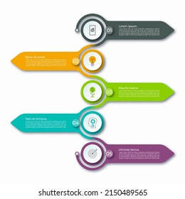 Plantilla infográfica de flecha mínima con 5 flechas y círculos con un lugar para texto e iconos. Se puede usar para diagrama, gráfico, gráfico, informe, diseño web. Ilustración vectorial.