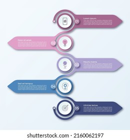 Minimal arrow infographic template with 5 step arrows and circles with place for text and icons. Can be used for diagram, graph, chart, report, web design. Vector illustration