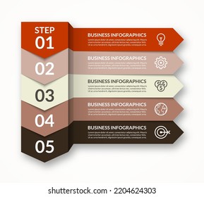 Minimal arrow infographic vector elements. 5 colorful step arrows that can be used for diagram, graph, chart, report, web design.