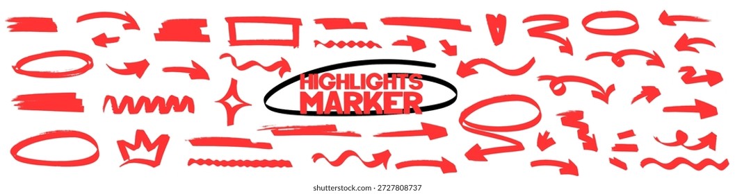 Minimaler Pfeil mit Marker und Stift auf Papier, fette Unterstreichung für die Titelmarkierungen, zweiter Pfeil, klarer Markierungsstrich mit Unterstreichung des Stifts.