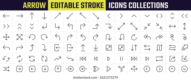 Minimal Arrow vector collections Editable icons. Containing Thin Line Design, Directional, Elements, UI UX, Web, Presentations, Digital, and more arrows icons. Editable Stroke big icon collection