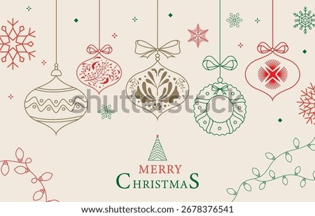 Minimal art deco with baubles,ball outline.vector illustration banner for Christmas party invitation card, postcard, menu ,print, social media template