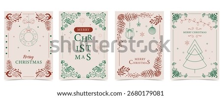 Minimal art deco with christmas tree, bauble,wreath outline.vector illustration for Christmas party invitation card, postcard, menu ,print, social media template