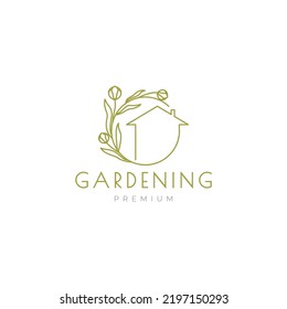 minimal art home with vines leaves gardening logo design