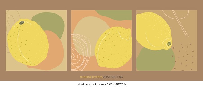 Minimal art lemons backgrounds set, in flat style and muted colors. Beige, yellow, siena and green colors with geometric hand drawn shapes in boho style. Suitable for post cards, ads, posters, logo...