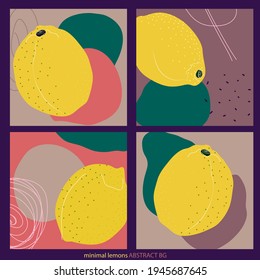 Minimal art lemons backgrounds set in flat style and funky colors.  Yellow, pinks and turquoise colors with geometric hand drawn shapes in boho style. Suitable for post cards, ads, poster, logo...