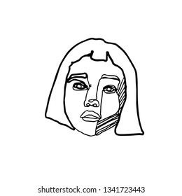 Minimal art in matisse style. Linear abstract woman face. Minimalist avatar head of woman. Continuous line drawing. Design for sticker, print on fabric, stationery, poster
