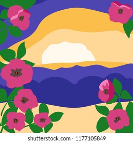 Minimal art print. Sea sunset with exotic flowers. Floral trendy background for scarf print, textile, covers, surface, scrapbooking, decoupage. Bandana, pareo, home textile design