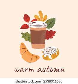 Minimal art style. Fall square card with textured hot beverage, pastry and colorful leaves on beige background. Trendy flat illustration. Warm autumn. For poster, social media, label, cover.