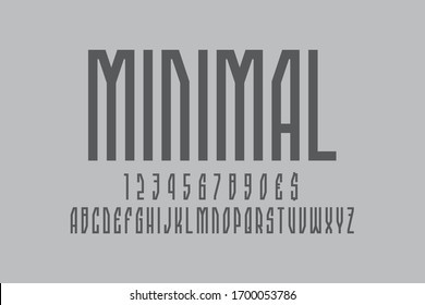 Minimal artistic display font. Gray angular letters, numbers and currency signs. Isolated english alphabet. Vector strong lettering.