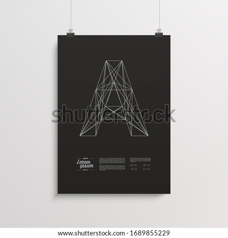 Minimal artistic poster design with big A letter and sample text hanging with paper clips on a wall. Eps 10 stock vector illustration