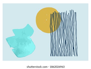Minimal artwork with circle and parallel lines. Abstract trendy poster, placard, banner. Editable template with scribble brush stroke elements. Stylish minimal cover