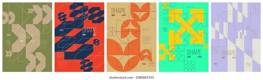 Minimal artwork colorful trendy poster, abstract geometric composition graphic in Y2K aesthetics, vector silhouette simple shapes print art modernism and brutal style A4 format set 2