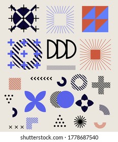 Minimal artwork with shapes and figures. Neo-memphis mid century modern composition of simple bold forms.