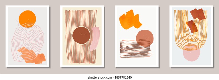 Minimal artworks vector collection with orange circles and brown parallel lines. Abstract trendy posters, placards, banners. Editable templates with brush stroke elements. Stylish minimal covers