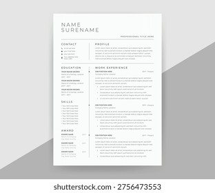 Minimal ATS-Friendly Resume Template – Corporate, Freelance, Journalist CV Design in Vector