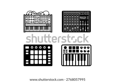 Minimal Audio Equipment Silhouette Icon Pack for Music Studio and Sound Design - Studio recording equipment and sound mixer silhouette pack artwork