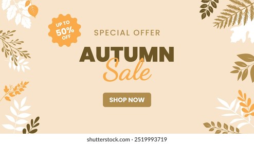 Minimal autumn banner with trendy lettering sale text composition. Retro vintage colors, beige background, dry failing leaves. Warm autumn floral background flyer design. Bright beautiful leaves frame