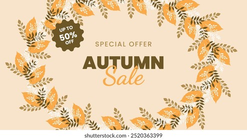 Minimal autumn banner with trendy lettering sale text. Retro vintage colors, beige background, wreath of dried fallen autumn leaves. Warm autumn floral flyer design. Bright beautiful leaves frame