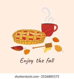 Minimal autumn card with abstract textured leaves, fruit pie, hot beverage and text Enjoy the fall on beige background. Trendy flat illustration. Fall season.