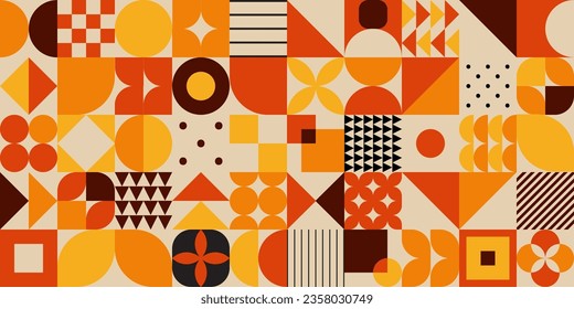 Minimal autumn colors vintage 20s geometric vintage seamless pattern design in magenta color for print, textile. Bauhaus retro background, vector flat abstract circle, triangle and square line art.	
