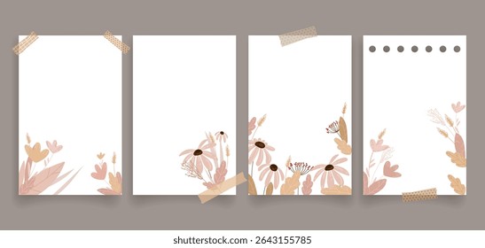 Minimal Autumn Floral Note Paper Templates set with torn tape effects, ideal for printable stationery, journaling, planners, digital scrapbooking, invitations, and note taking apps.Vector illustration