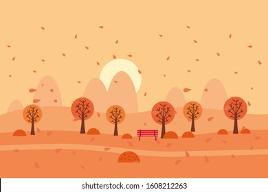 Minimal Autumn landscape panorama of Countryside landscape. Yellow trees foliage, mountains, hills, road. Vector illustration minimal trendy style isolated