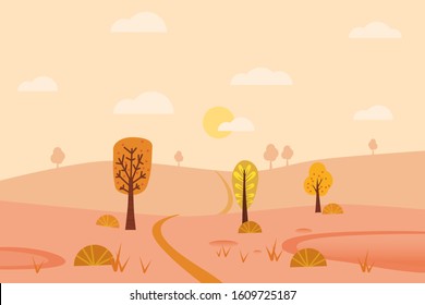 Minimal Autumn landscape panorama of Countryside landscape. Yellow trees foliage, mountains, hills, road. Vector illustration minimal trendy style isolated