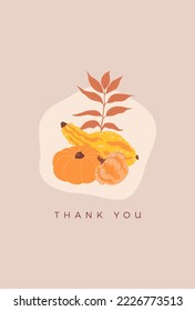 Minimal autumn thank you card with pumpkins and fall foliage 