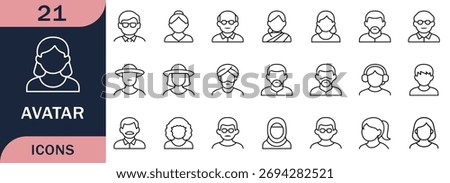 Minimal avatar line icon set. Featuring diverse male and female faces, user profile symbols, and people icons for apps, websites, and social media design.
