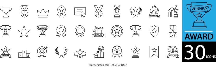 Minimal Award Line Icon Set 30 Clean Outline Designs for Achievement, Prize, and Certificate Use