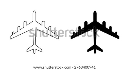Minimal B52 bomber aircraft top view icon in outline and solid styles. Military airplane silhouette isolated, perfect for aviation, defense, war, air force, and strategy design.