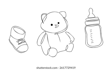 Minimal baby line drawings of bootie, bear, bottle on white background