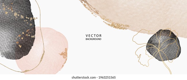 Minimal Background In Black And Pink Flowers Water Color Texture With Golden Metallic And Tropical Summer Leaf