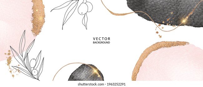 Minimal Background In Black And Pink Flowers Water Color Texture With Golden Metallic And Tropical Summer Leaf