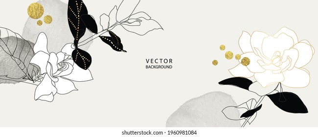 minimal background in black and white flowers and tropical summer leaf decorate with golden foil metallic texture