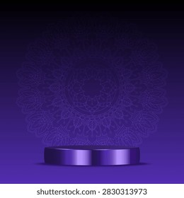 Minimal background with an empty podium on a purple mandala design