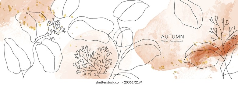 minimal background in Fall and Autumn leaf with golden metallic and watercolor texture gallery wall art vector