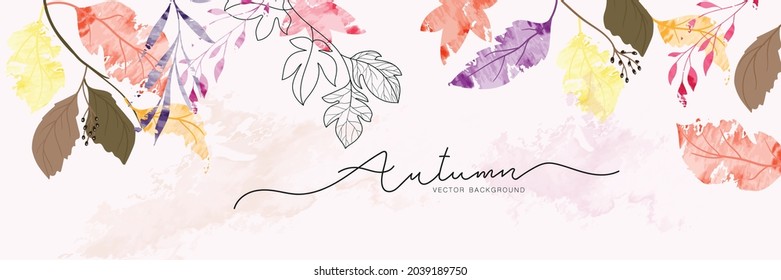 minimal background in Fall and Autumn leaf with golden metallic and watercolor texture gallery wall art vector