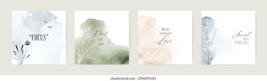 Minimal background with flowers and stains watercolor. Vector suitable for social media templates, stories post, invitation, greeting card, branding, or presentation.