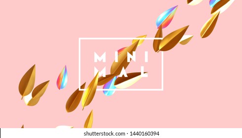 Minimal background with golden leaves. 3d gold leaves petals. vector illustration