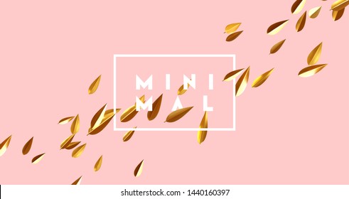 Minimal background with golden leaves. 3d gold leaves petals. vector illustration