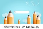 Minimal background for online education concept. Search bar with pencils, paper airplane and white cloud on blue background. Vector illustration