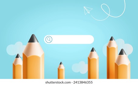 Minimal background for online education concept. Search bar with pencils, paper airplane and white cloud on blue background. Vector illustration