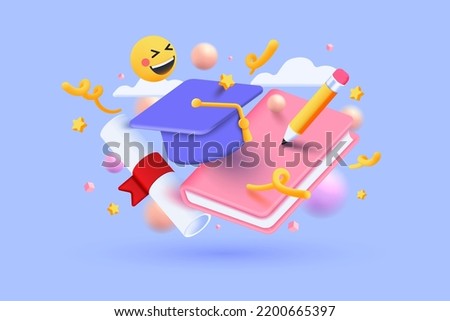 Minimal background for online education concept. Book with graduation hat on pastel purple background. 3d vector illustration