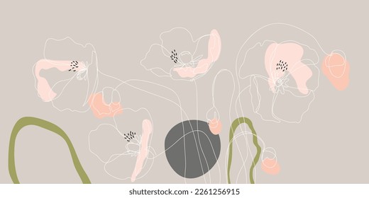 fondo mínimo en flores rosadas y hoja con boceto línea de arte galería de arte de pared vector