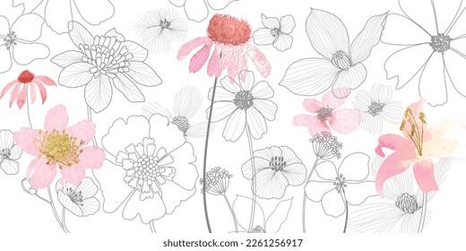 fondo mínimo en flores rosadas y hoja con boceto línea de arte galería de arte de pared vector